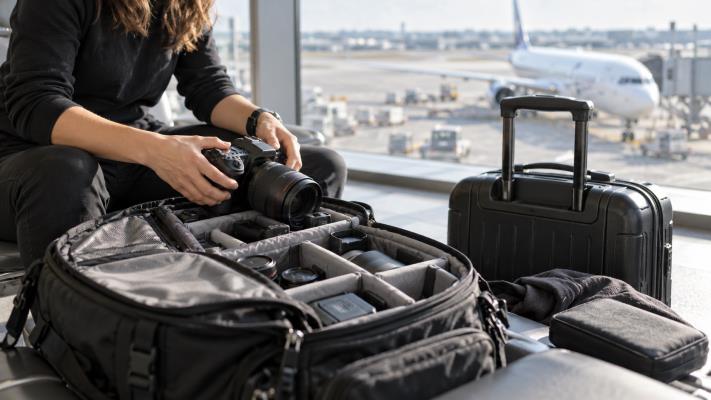 A photographer prepares camera gear for destination wedding travel